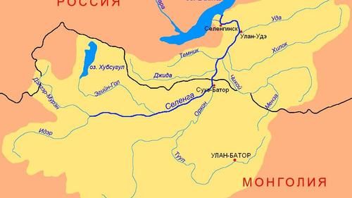 Река Селенга и озеро Байкал на карте региона